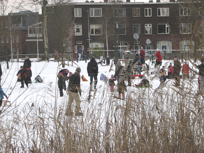 905222 Afbeelding van schaatsende mensen op de vijver in het Griftpark te Utrecht, met op de achtergrond de Blauwkapelseweg.